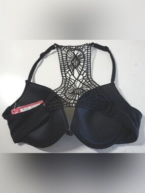 Black Crochet Racerback Bathing Suit Top w/ Front Closure & Black Bottoms Set S